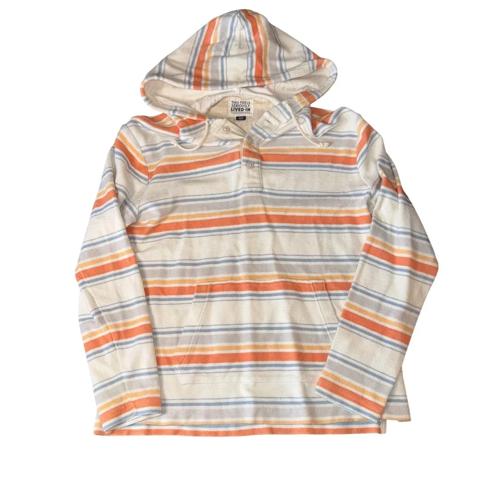 American Eagle‎ Henley Hoodie Small White Orange Blue Striped Seriously Lived-In